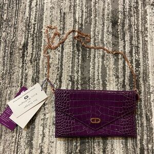 New Kerry Washington Dee Ocleppo Purple Purse Crocodile Embossed Clutch Bag NWT